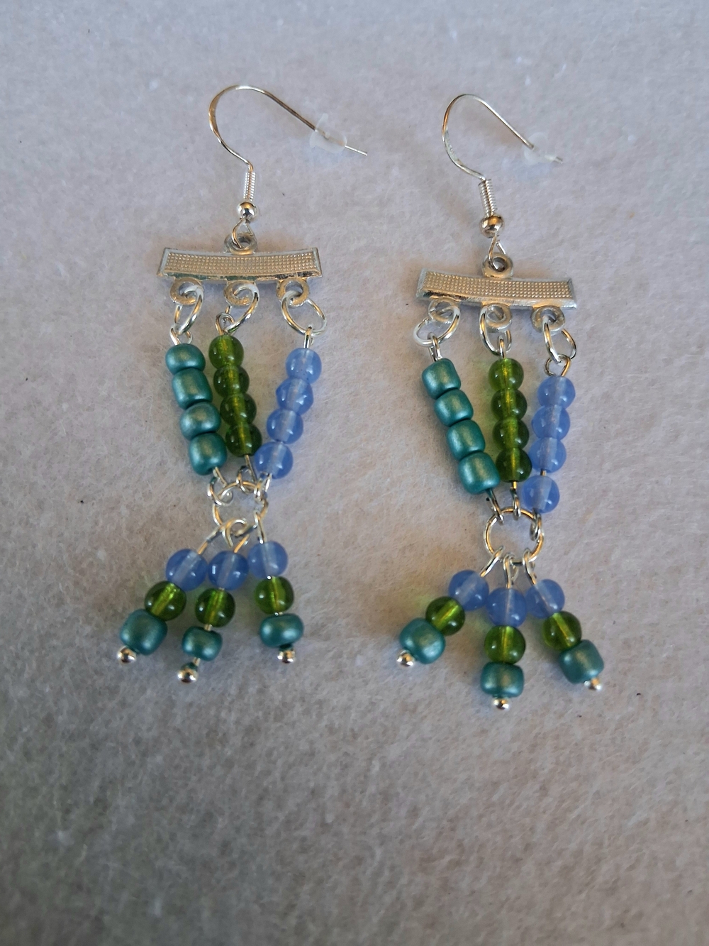 Handcrafted Blue & Green Beaded Dangle Pierced Earrings